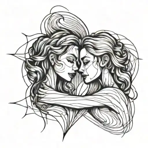 one line heart with heartbeat and 2 girl faces each other tattoo design idea