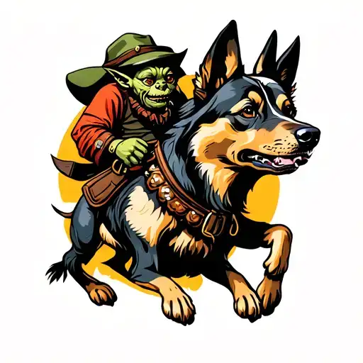 Goblin riding a australian cattle dog tattoo design idea