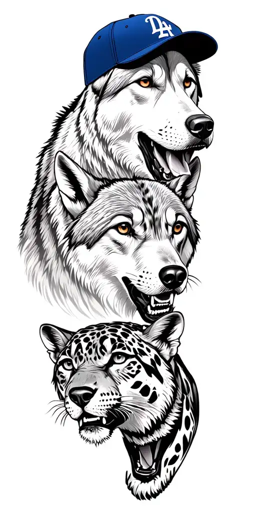 Bulddog with the Dodgers cap below two wolves brothers below a jaguar in the jungle down Antonella tattoo design idea