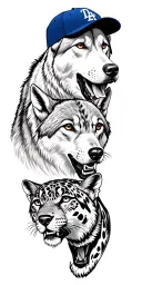 Bulddog with the Dodgers cap below two wolves brothers below a jaguar in the jungle down Antonella tattoo design idea