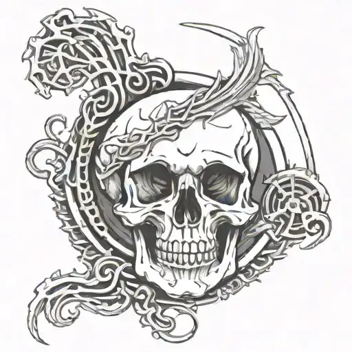 Ouroboros in the form of a human skeleton and skull from side profile on the thigh tattoo design idea