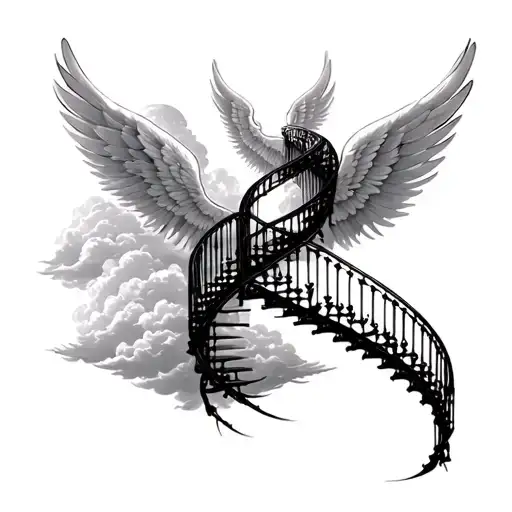 spiral staircase clouds wings heaven tattoo design idea
