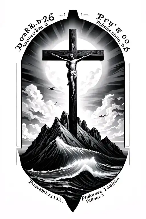 a cross on a mountain that has on ocean under with proverbs 31:26 on one side of the cross and Philippines 1:3 other sid tattoo design idea