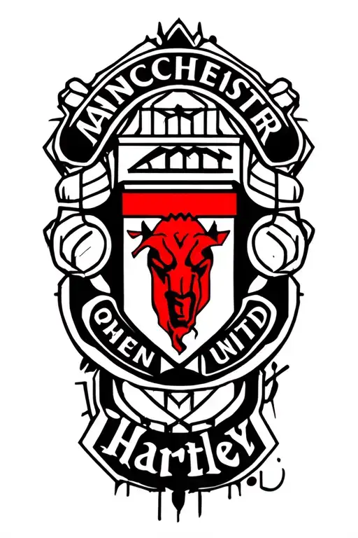 Manchester United red devil logo with the name Hartley in a graffiti style tattoo design idea