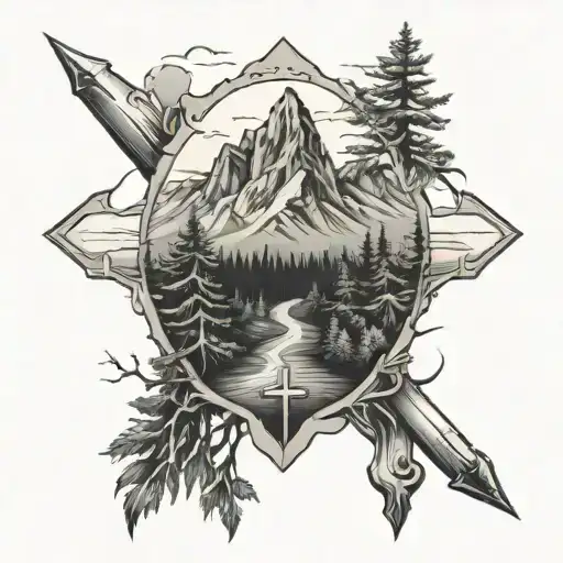 godspeed, mountains, forest, pathway, cross made tattoo design idea