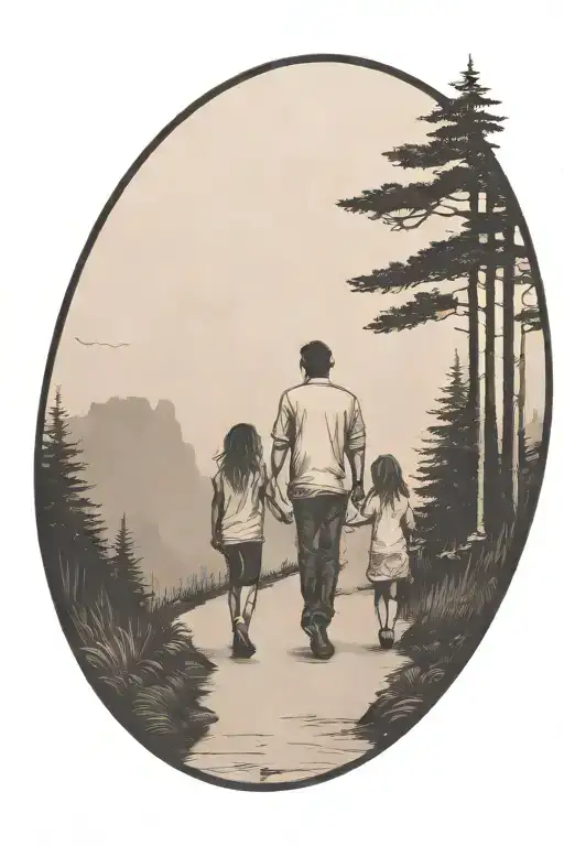 father in the middle holding hands with two small girls walking down the road with forest and cliffs in background tattoo design idea