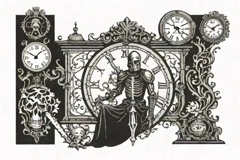 knight with sword mid century skeleton war clock tattoo design idea