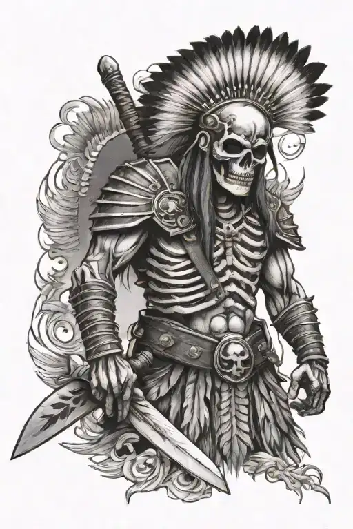 indian skeleton warrior facing forward holding tomahawk  tattoo design idea