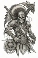 indian skeleton warrior facing forward holding tomahawk  tattoo design idea