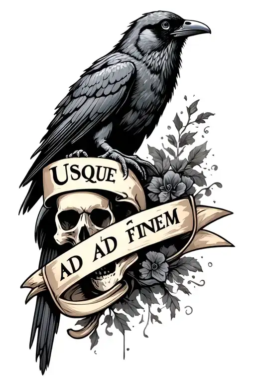 skull and crow with banner that says usque ad finem tattoo design idea