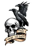 skull and crow with banner that says usque ad finem tattoo design idea