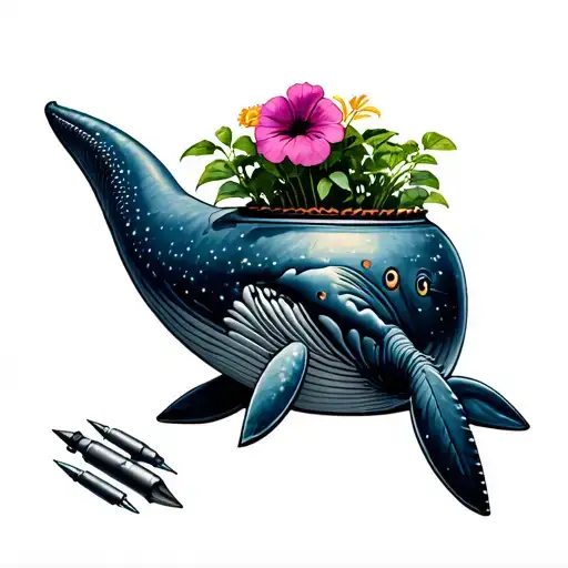 sperm whale, petunia flower pot and two missiles. Based on hitchhikers guide to the galaxy  tattoo design idea