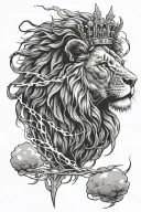 lion with scars with thorne crown with lightning clouds in background  tattoo design idea
