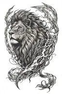 lion with scars with thorne crown with lightning clouds in background  tattoo design idea