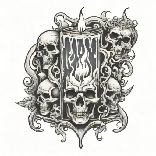 a melting candle. the smoke from the flames shows demons and skulls and fades into an hour glass tattoo design idea