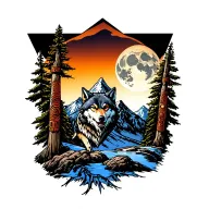 Mountain with full moon in the background that incorporates blackfoot native totem poles and a wolf tattoo design idea