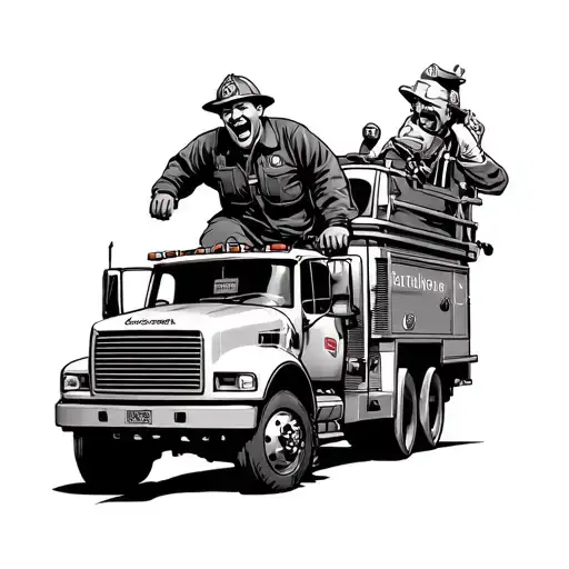 firefighter dragged behind fire engine and driver laughing tattoo design idea
