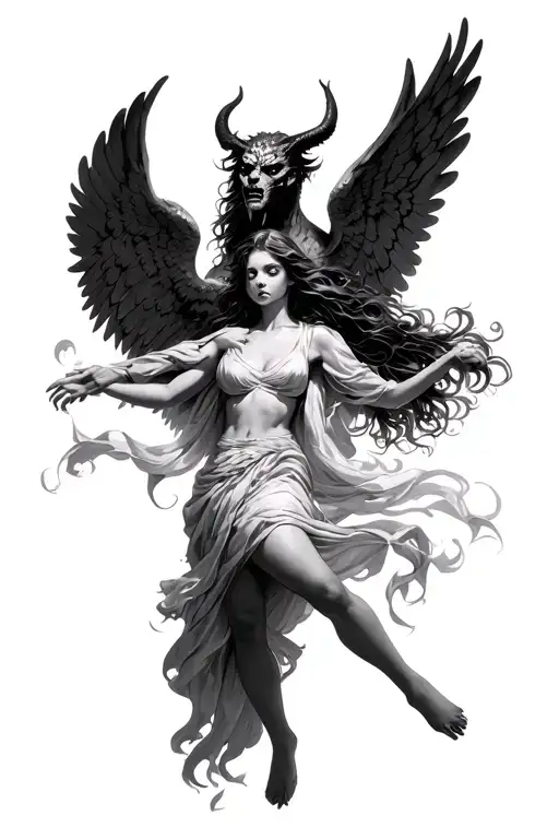 The girl whose angel and demon are fighting overhead tattoo design idea