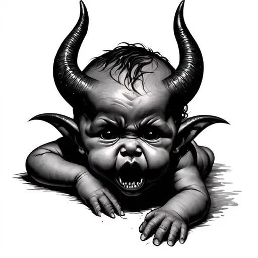 loneliness, anger, sad devil baby tattoo design idea