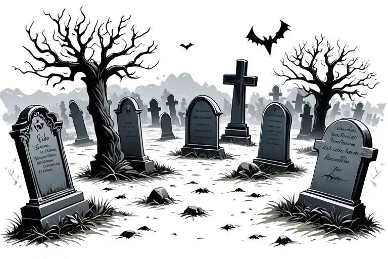 scary cemetery scene with tombstones tattoo design idea