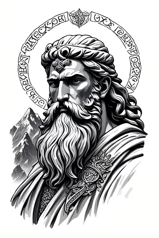 bearded greek god surrounded my mountain range & Celtic runes and Latin words for strength, knowledge & spirit tattoo design idea