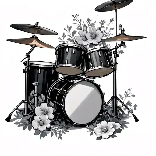 drum set surrounded by flowers tattoo design idea