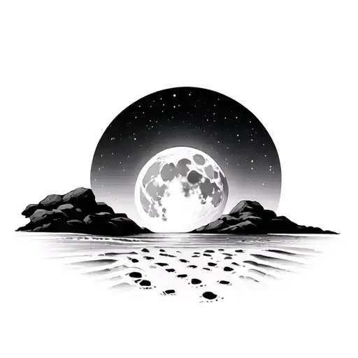 moon over beach scene with footprints in the sand tattoo design idea
