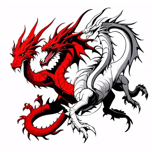 Red medieval dragon and white medieval dragon from the Breton legend on the creation of the Monts d Arrée tattoo design idea