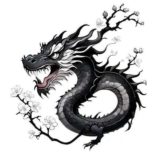 dragon with fine cherry blossom lines tattoo design idea
