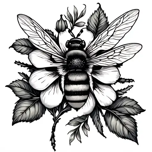 manchester bee and honeysuckle flower fine line tattoo design idea