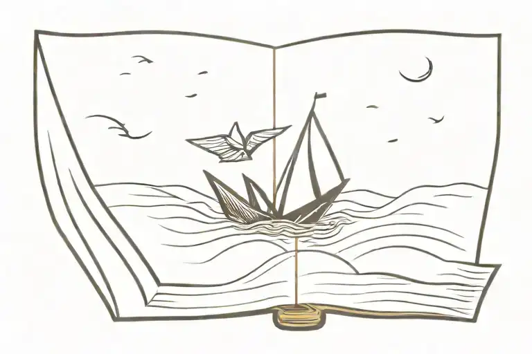 open book with paper boat sailing towards tattoo design idea