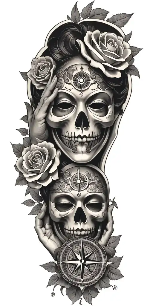 roses, Japanese death mask, compass, mythology tattoo hands covering eyes on one mask and hands covering ears on second  tattoo design idea