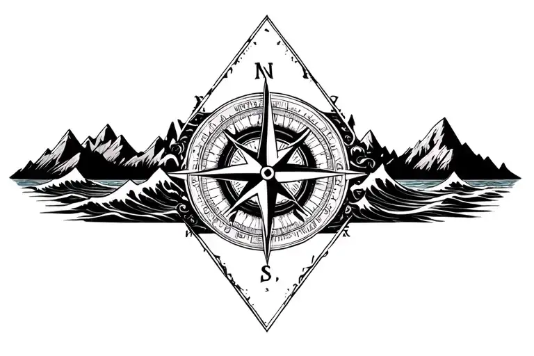large compass surrounded by intricate geometric mountains and crashing waves, black and white, triangle frame tattoo design idea