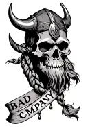 a Viking skull from a three-quarter angle with a wild, unkempt long beard and braid down t and the "Bad Company" banner. tattoo design idea