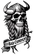 a Viking skull from a three-quarter angle with a wild, unkempt long beard and braid down t and the "Bad Company" banner. tattoo design idea
