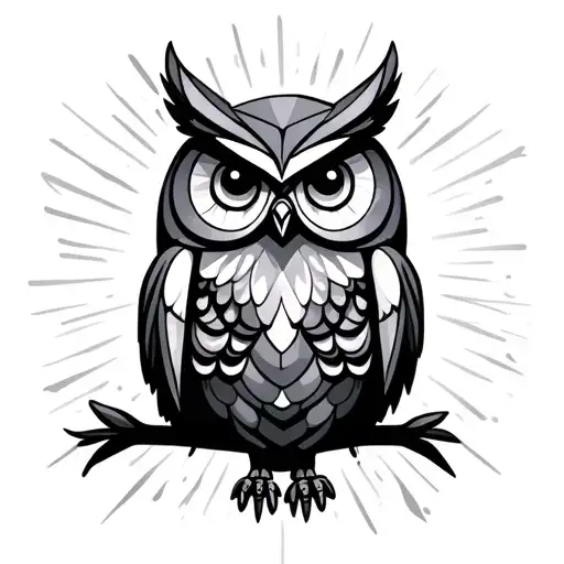 an owl with light coming out of it. make it in a flat geometrical style with decorations painted on the owl tattoo design idea