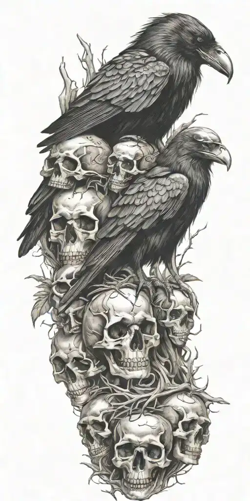 raven sitting on top a mound of skulls tattoo design idea