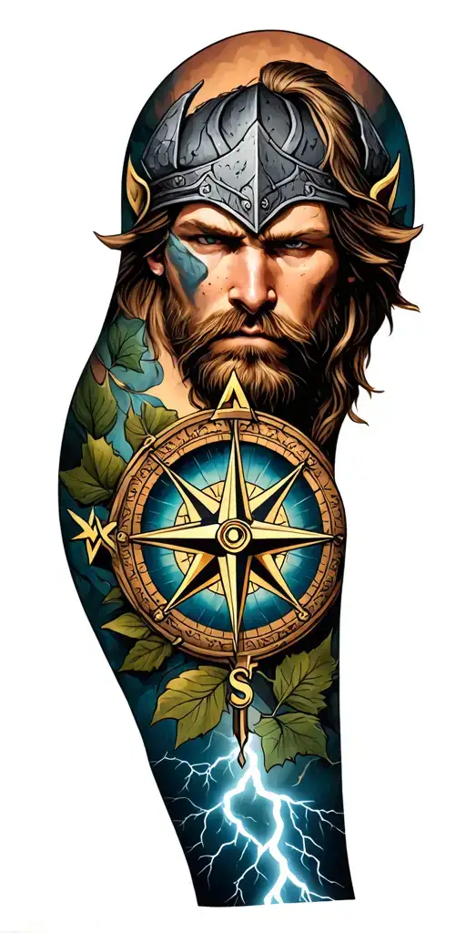 viking tattoo. viking compass on shoulder set in stone. leaves in the background. thor face with lightning coming down.  tattoo design idea