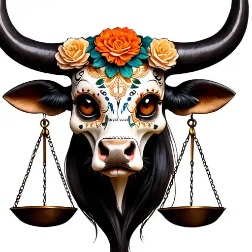 feminine bull with sugar skull markings, brown eyes and two Libra scales and dark background tattoo design idea