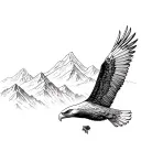 soaring eagle sketch with mountain scene tattoo design idea