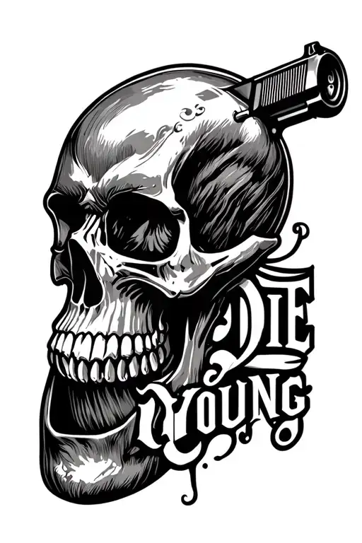 "DIE YOUNG" die young skull gun tattoo design idea