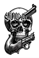 "DIE YOUNG" die young skull gun tattoo design idea