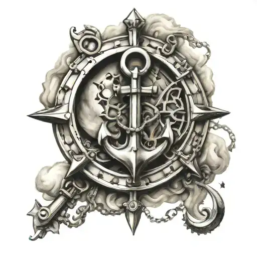 steam punk anchor hanging moon tattoo design idea