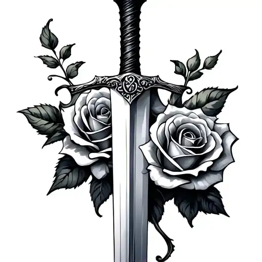 sword with two roses intertwined tattoo design idea