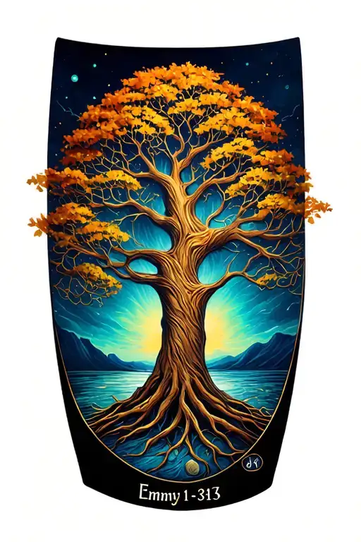 tree of life with the name Emmy and date 1-31-13 tattoo design idea