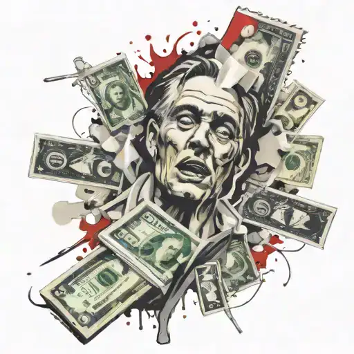 dollar bill Character crushing a pill character, while a razor blade charater, and lighter character tattoo design idea