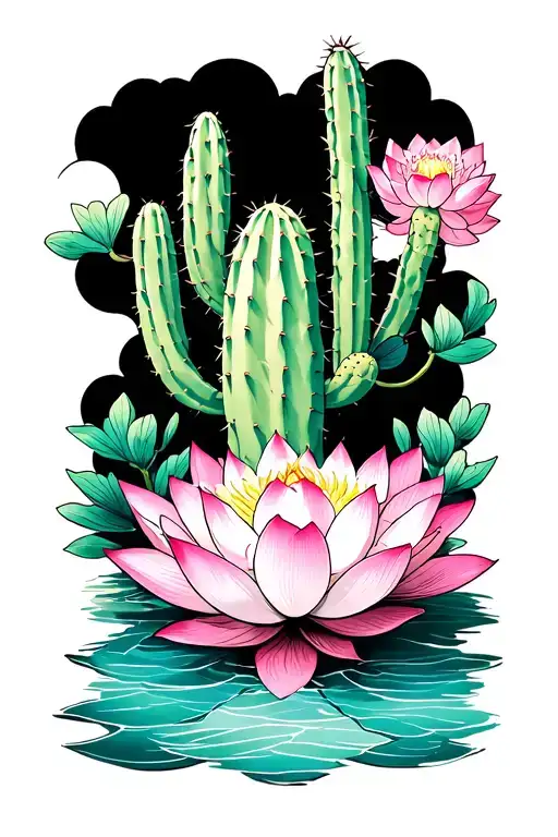 Cactus protected by a lotus tattoo design idea