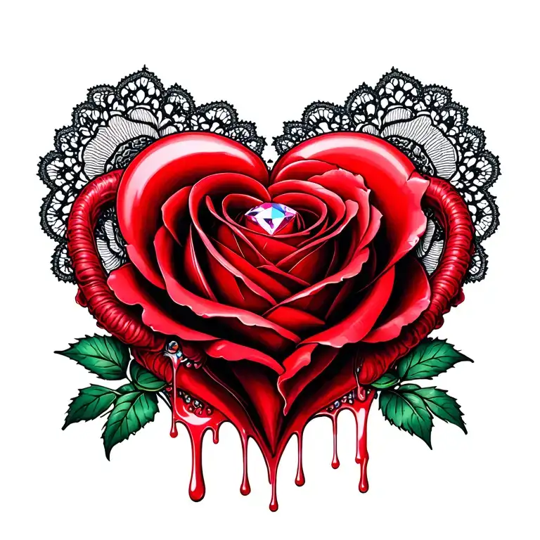 1 red heart-shaped diamond in center, red rose, reproductive ovaries fallopian tubes uterus vagina, lace drip tattoo design idea