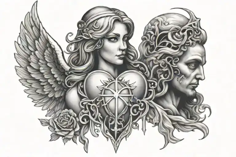 angel and demon face to face with sacred heart in between tattoo design idea