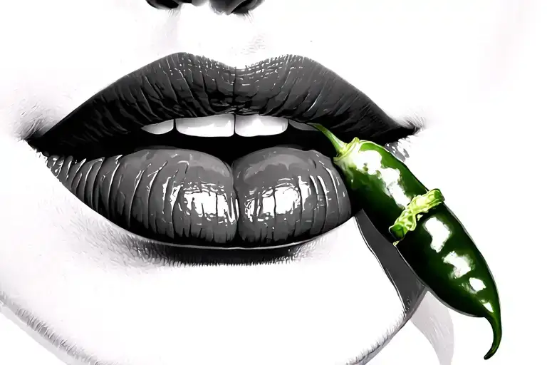 Womans lips in black & white biting lower lip with Jalapeno pepper in Color  tattoo design idea